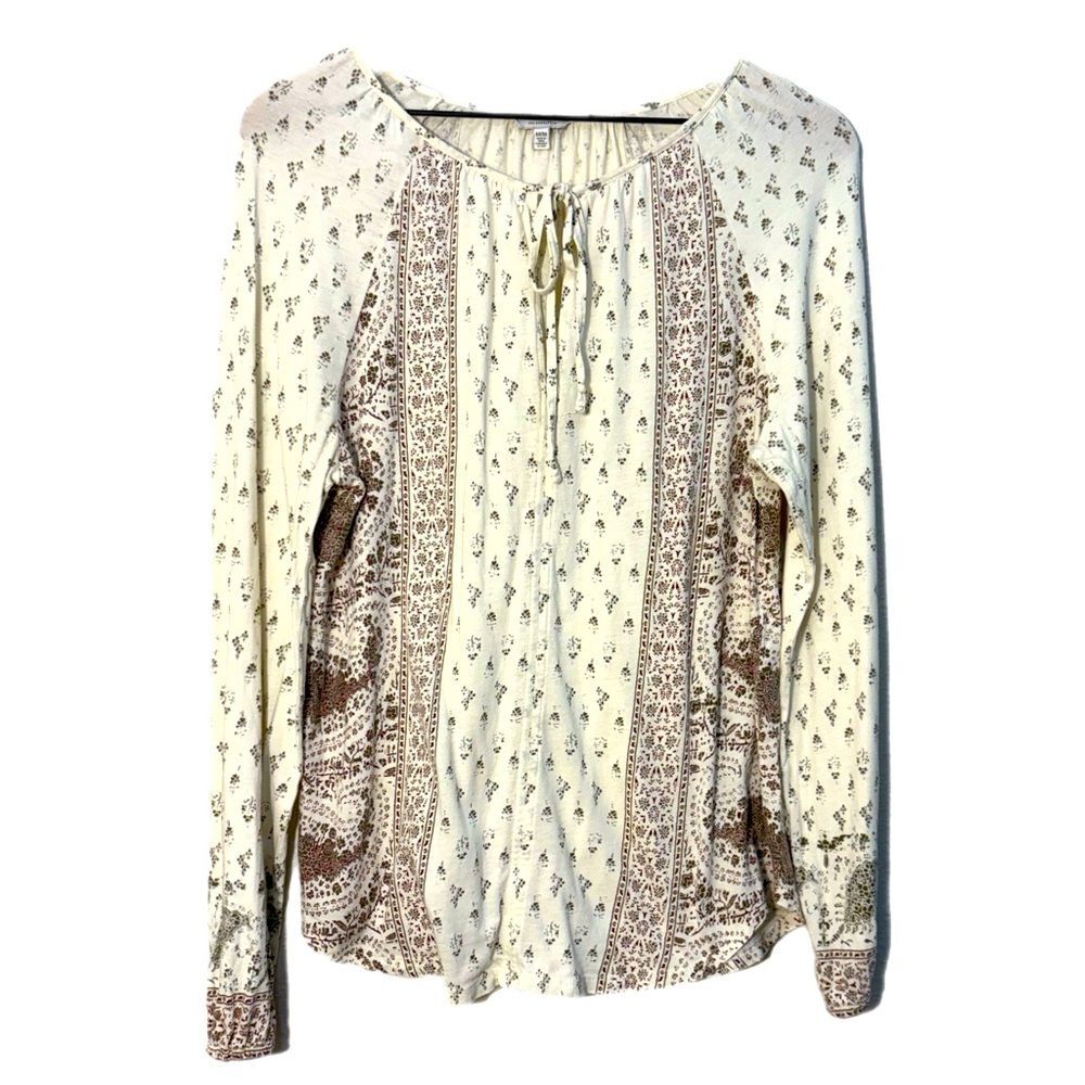 Lucky Brand Cream and Brown Printed Peasant Blouse